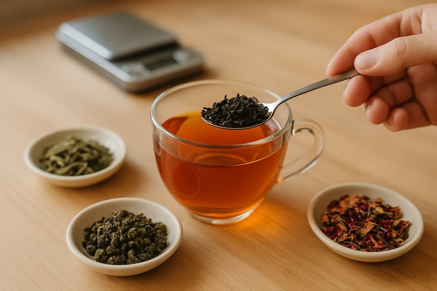 Measuring loose leaf tea with a teaspoon next to a glass cup of tea