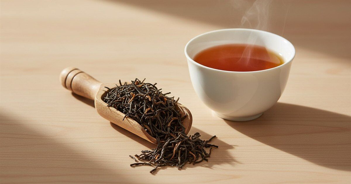 Whole black tea leaves with golden tips on a wooden scoop next to a cup of amber orange pekoe tea