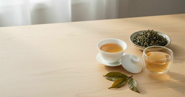 Rolled milk oolong leaves in a small dish next to a gaiwan and a glass cup of pale golden oolong tea