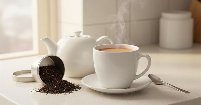 A big mug of strong builder's tea with milk on a kitchen worktop next to a teapot and a tin of loose black tea