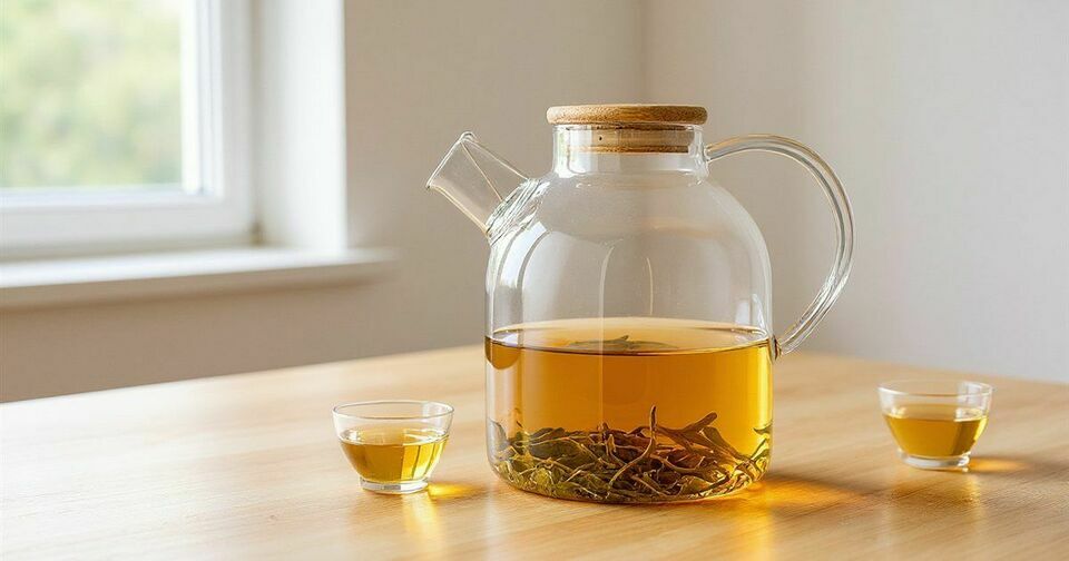A clear glass teapot of amber oolong tea with unfurled leaves in the infuser, next to two small glass cups